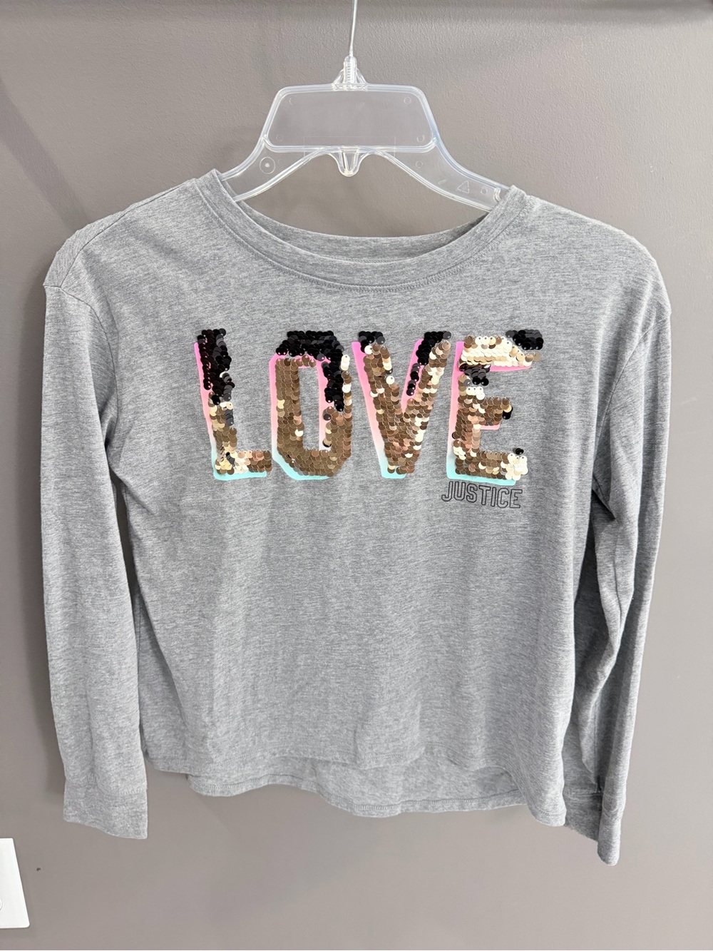 Justice Gray Long-Sleeve Top with Multicolor Sequin LOVE